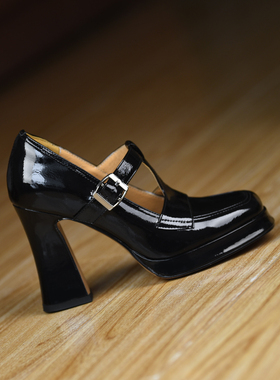 misili 英伦风方头玛丽珍鞋女黑色漆皮粗跟高跟单鞋春季