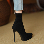 misili时尚 11cm女靴子 新款 尖头弹力瘦瘦靴细跟短靴女秋冬季 高跟鞋