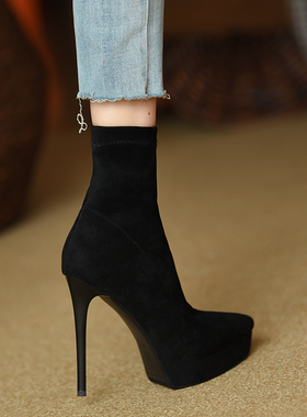 misili时尚尖头弹力瘦瘦靴细跟短靴女秋冬季高跟鞋新款11cm女靴子
