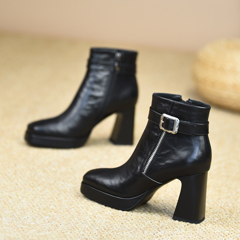 misili 方头粗跟短靴8.3cm高跟鞋2025秋冬季新款小个子厚底女靴子,女鞋,时装靴,淘宝优惠券,粉丝福利购,淘宝优惠卷