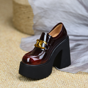 misili乐福鞋粗跟单鞋12cm高跟鞋2026春季新款小个子厚底漆皮女鞋