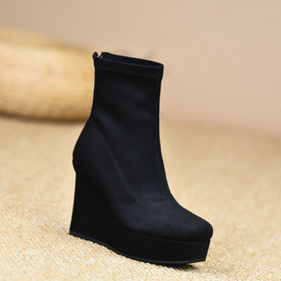 misili弹力靴坡跟短靴10.5cm高跟鞋 小个子厚底女靴子 2025秋冬新款