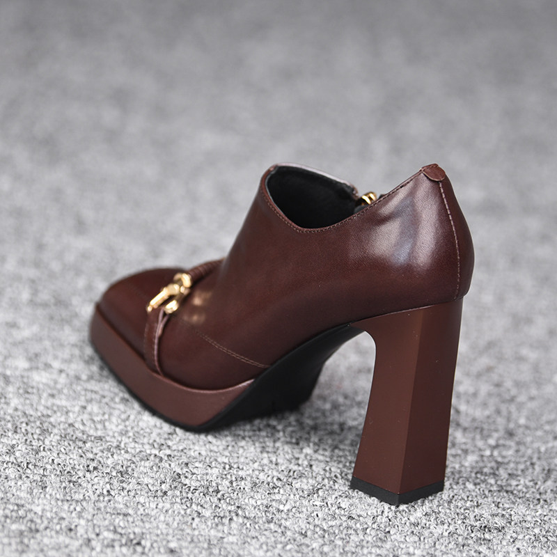 misili 复古深口单鞋女粗跟高跟方头金属装饰真皮百搭防水台女鞋,女鞋,深口单鞋,淘宝优惠券,粉丝福利购,淘宝优惠卷