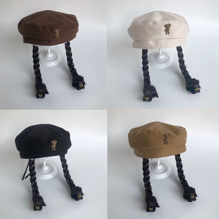 儿童帽子春秋时尚贝雷帽假发辫子女童冬季宝宝长发蓓蕾南瓜画家潮