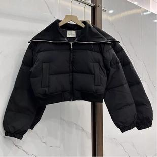 老钱风英伦纯色毛织翻领海军领面包服短款收腰羽绒服外套女冬季.