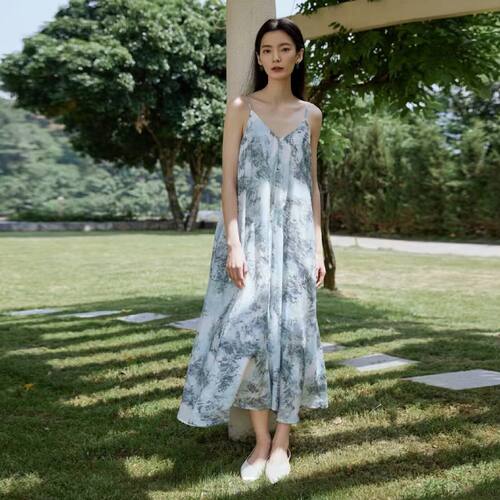 高端OU0A0083新中式水墨吊带裙子显瘦连衣裙女5.14夏