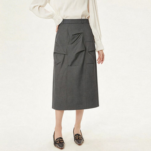 GE0B0002工装捏褶设计感中长裙子半身裙女4.6春