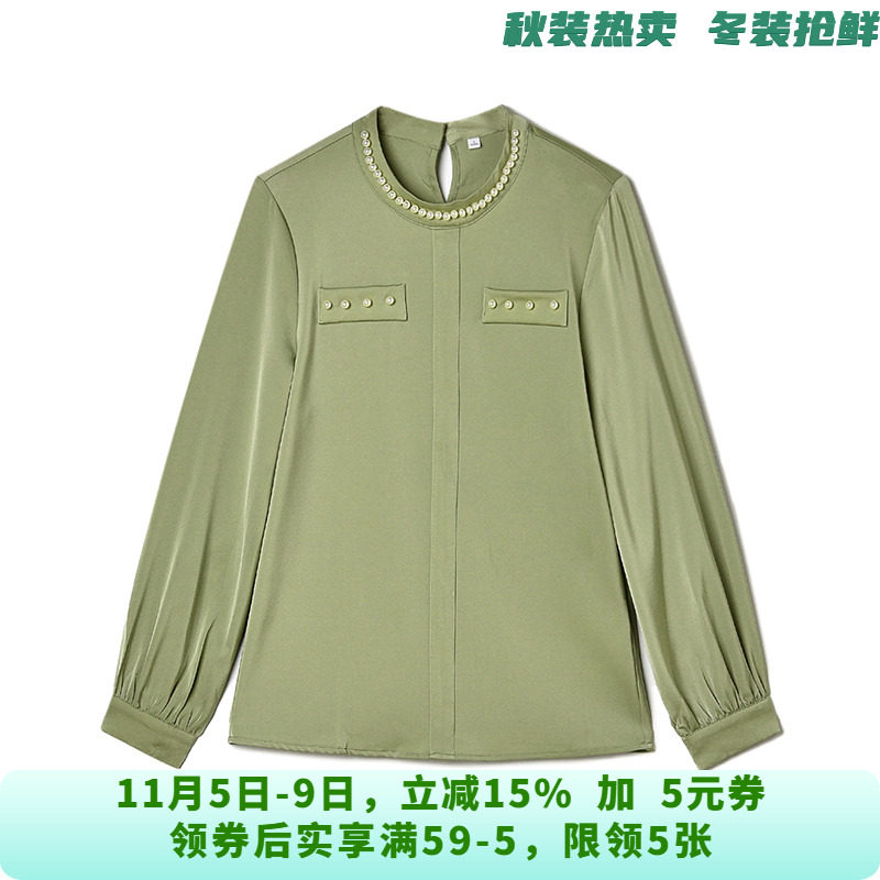QC0D0003装饰珍珠圆领上衣一粒扣长袖衬衫女10.21秋