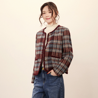 LH0K0004复古格纹长袖上衣单排扣舒适外套女1.16春
