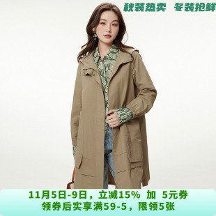 XY0J0001休闲风宽松舒适连帽长款 风衣外套女7.11秋