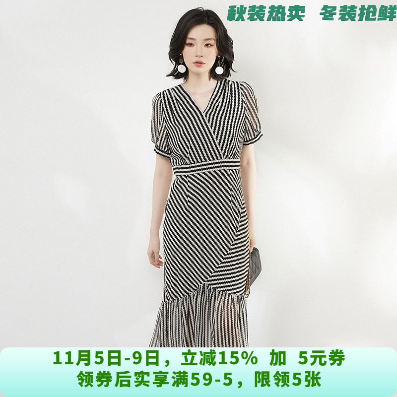 SM0A0012条纹拼接中长裙短袖V领裙子连衣裙女5.10夏