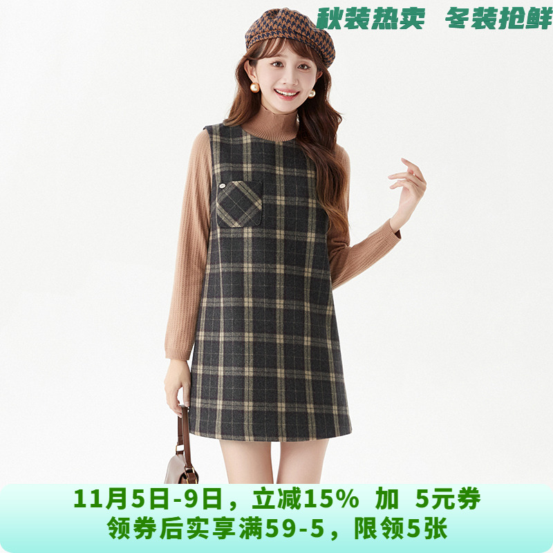 BY0A0003拼色格纹宽松短裙无袖裙子连衣裙女11.26冬
