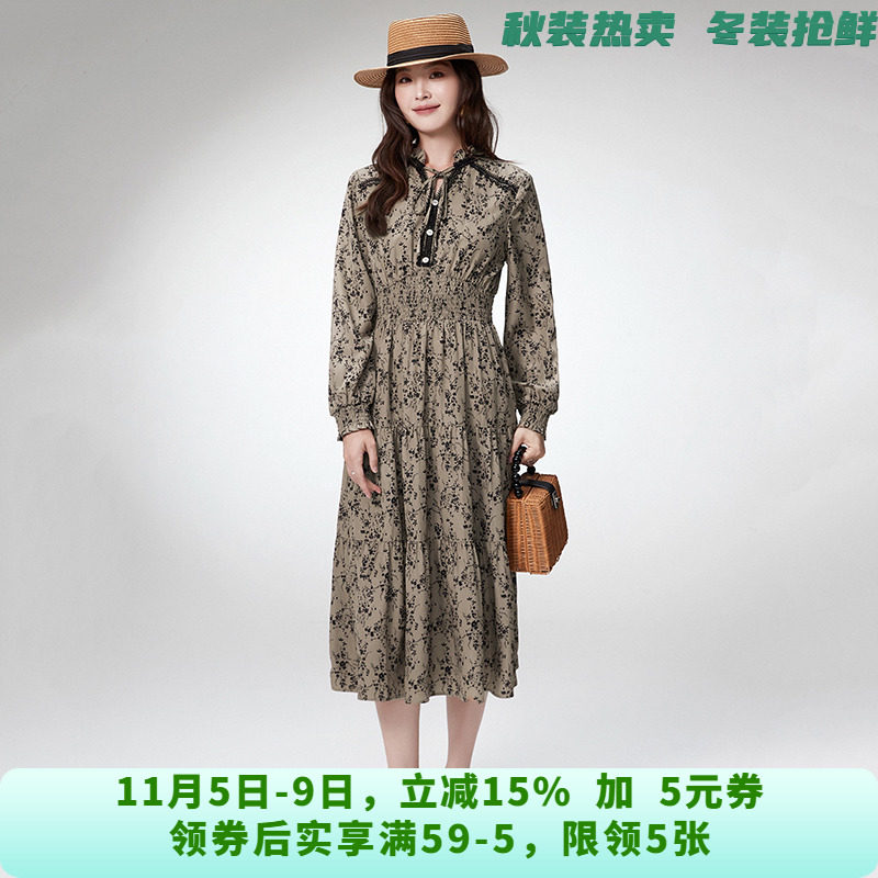 RU0A0006时髦印花中长裙松紧腰裙子连衣裙女9.15秋