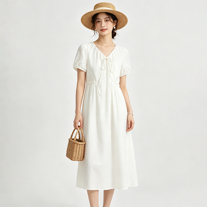 ZU0A0011韩式中长高腰短袖裙子泡泡袖连衣裙女5.1夏