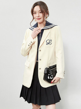 「缤」高端RB0K0010学院风拼色上衣中长款外套女3.5春