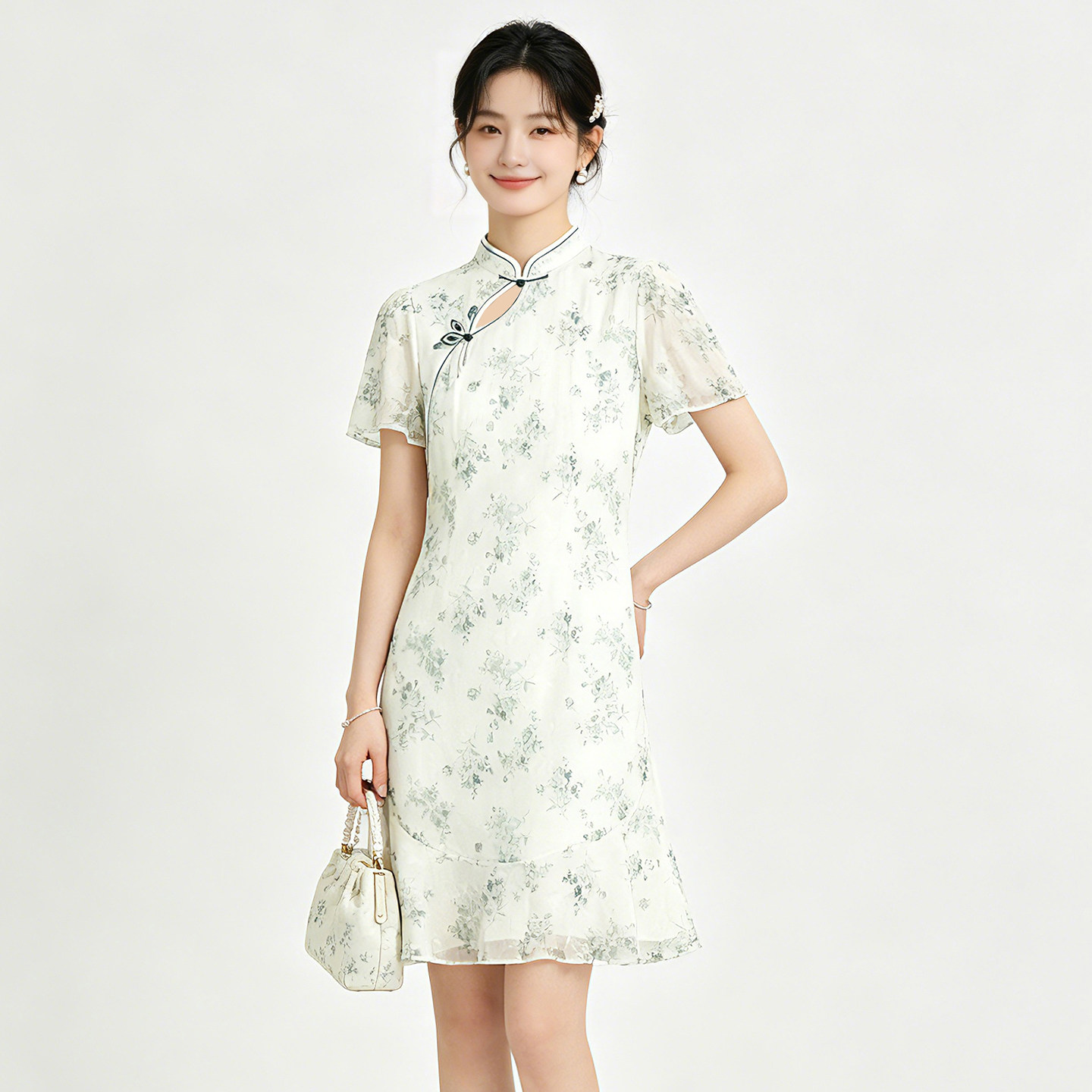 高端XZ0Y0033新中式斜领短裙子荷叶摆旗袍女5.25夏