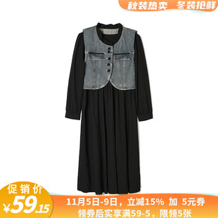 SN0U0008单排扣牛仔马甲+长袖裙子两件套装女2.19春