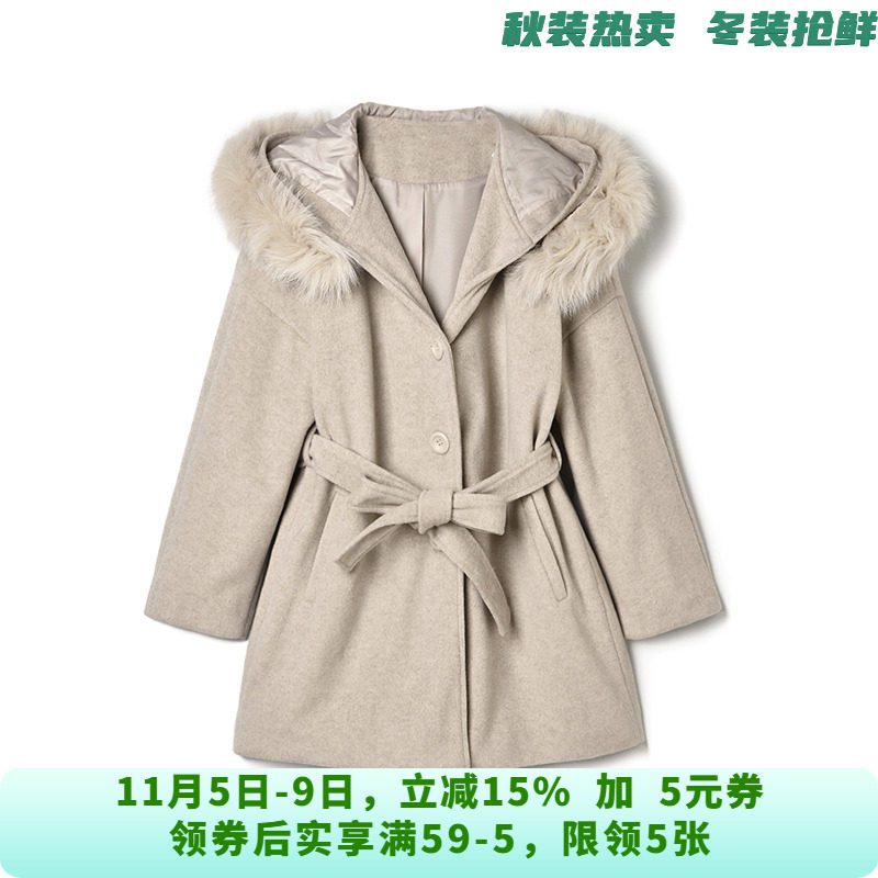 ZD1C0003带毛边连帽高级感毛呢外套大衣女10.27冬