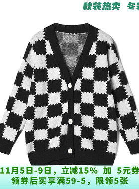MS0H0116经典黑白拼色开衫上衣微弹毛衣女11.1冬