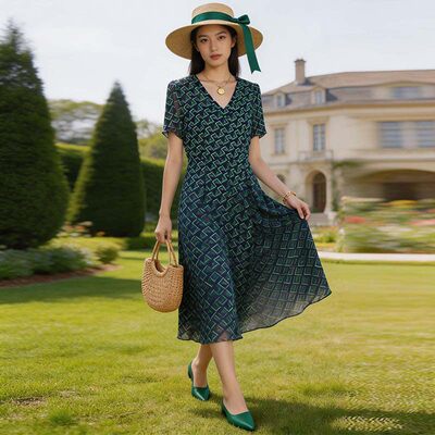 深圳南油NY0A0261时尚菱格纹V领裙子连衣裙女5.29夏