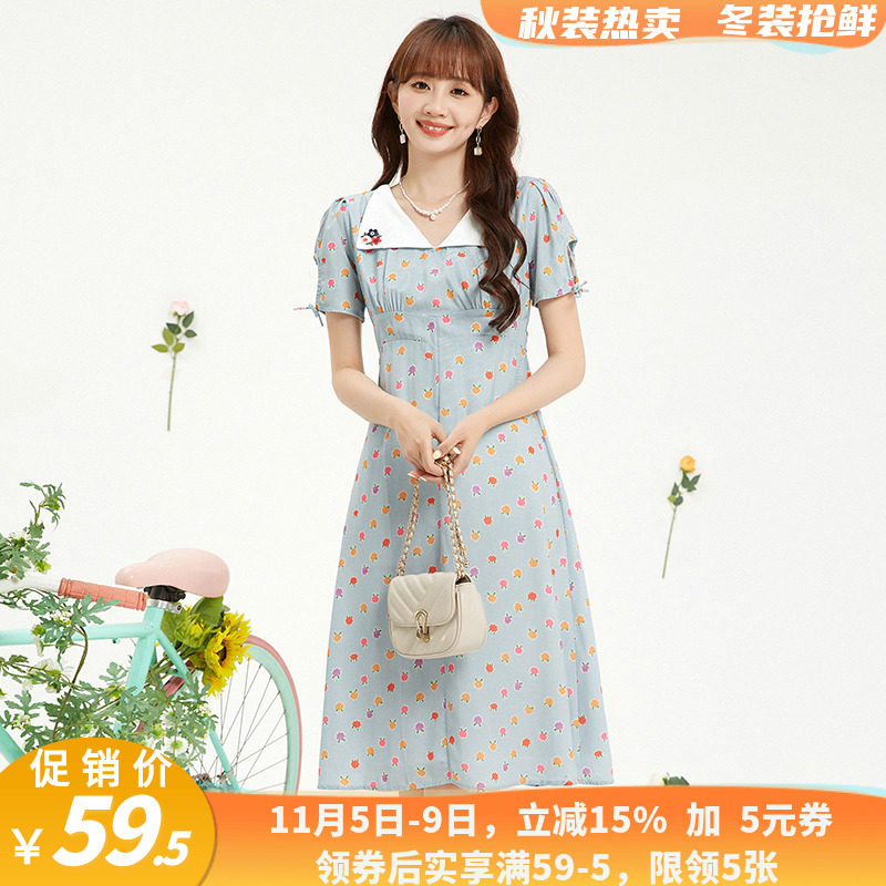 折扣店连衣RI裙夏撤柜翻领印花