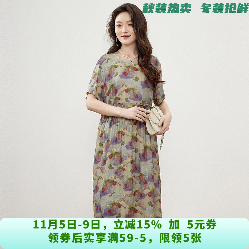 RJ0A0019花色印染妈妈装中长裙套头短袖裙子连衣裙女6.5夏