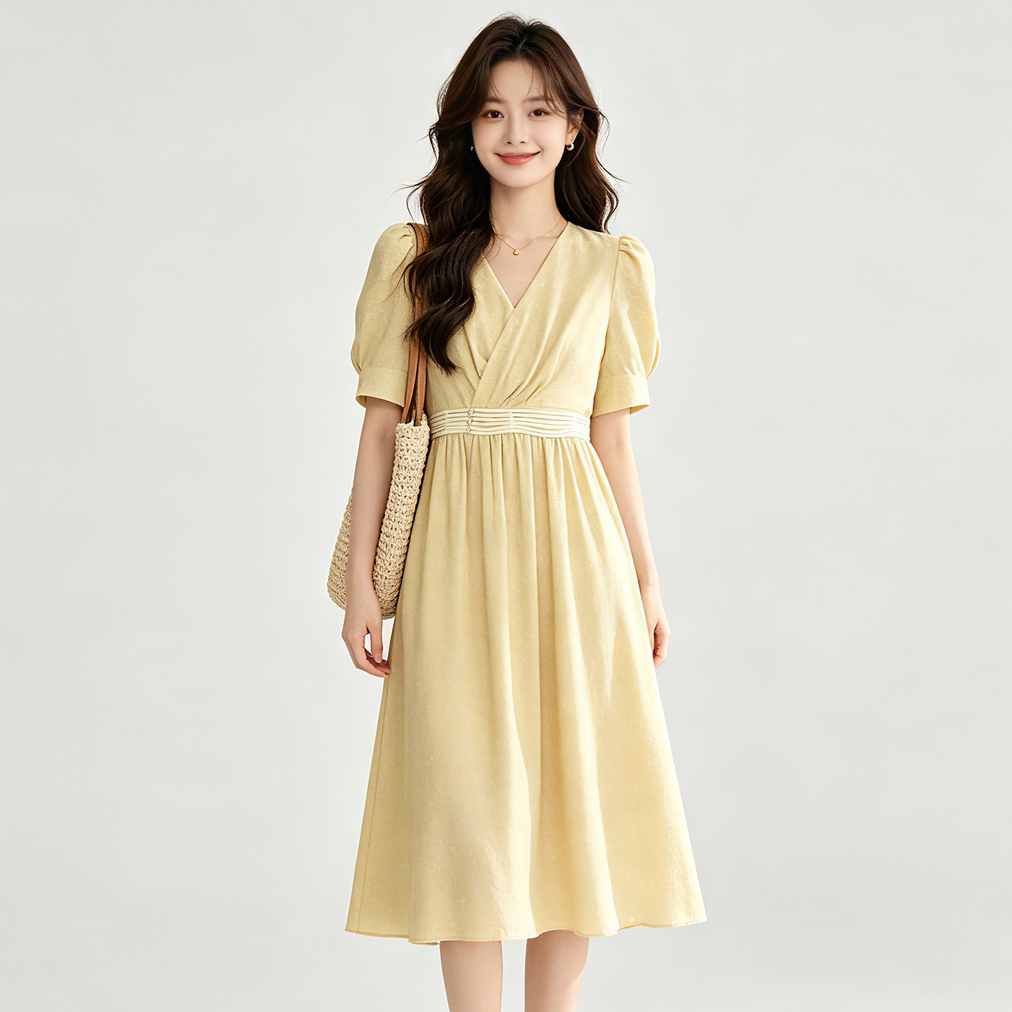 HJ0A0059时尚花色V领五分袖气质裙子连衣裙女7.7夏