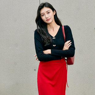 HQ0E0001简约风套头V领上衣高弹修身 女3.21春 针织衫