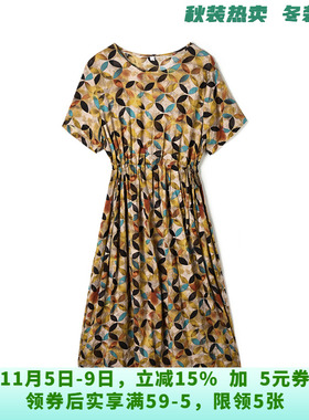 JW0A0014复古绚烂印花裙子套头短袖连衣裙女6.16夏