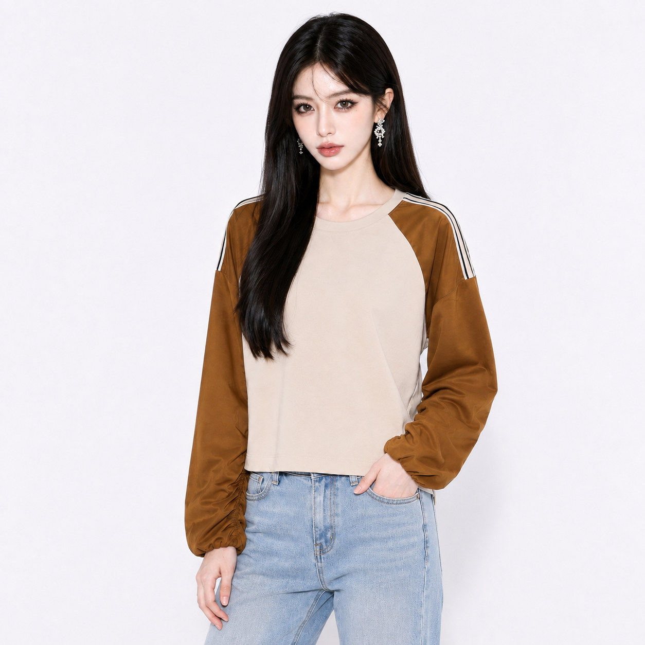 NQ0C0001时尚拼色运动风百搭休闲上衣T恤女8.14秋