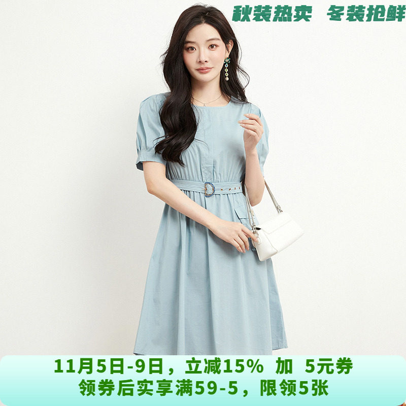 XJ0A0004利落通勤中裙系腰带裙子连衣裙女6.2夏