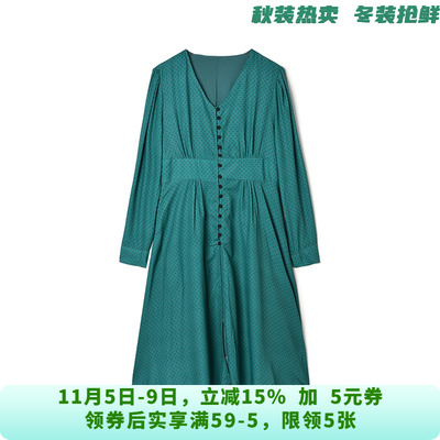 QY0A0027拼色波点中裙气质V领裙子连衣裙女8.20秋