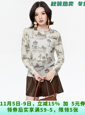 WP0C0001水墨风印花上衣套头长袖微弹T恤女8.9秋