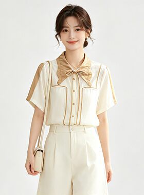 XA0D0014时尚拼色蝴蝶领口百搭上衣衬衫女5.27夏