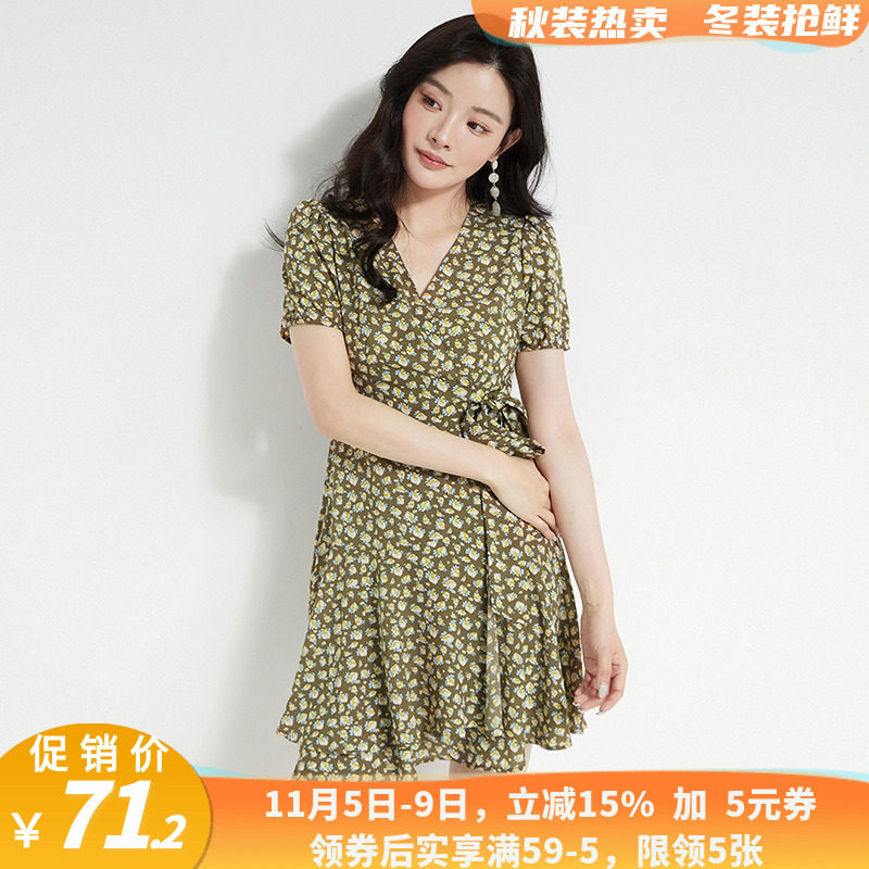 QH0A0003细碎花楹中裙高腰短袖裙子连衣裙女4.16夏