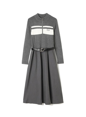 9魅LH0A0010拼色设计中长裙松紧腰裙子连衣裙女1.8春