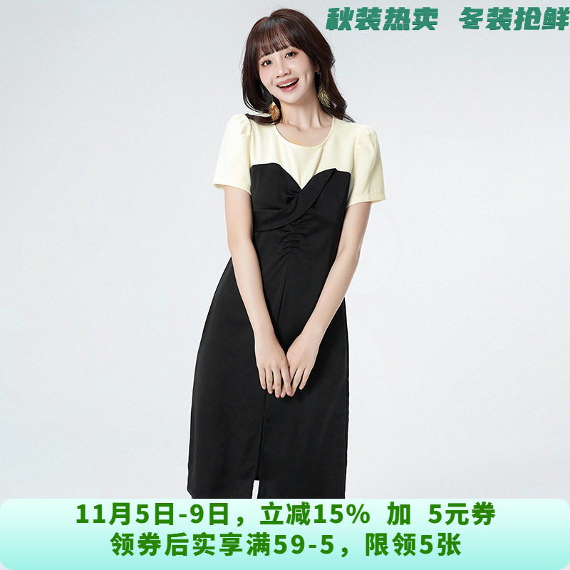 FI0A0001法式优雅中长裙拼色短袖裙子连衣裙女6.15夏