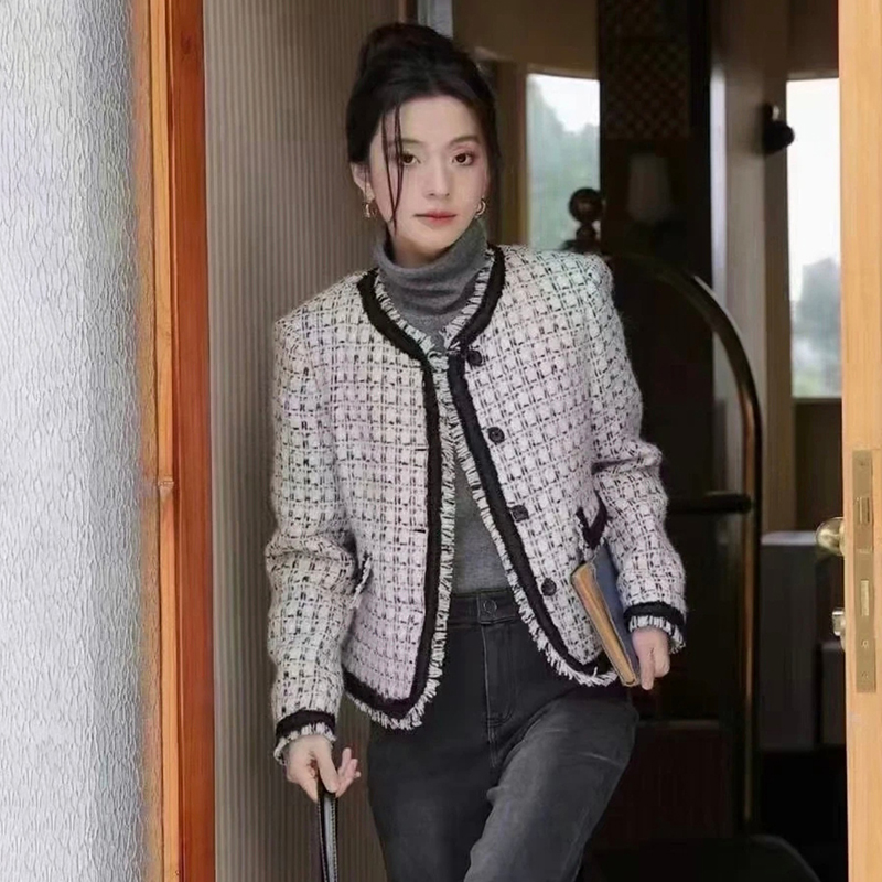 高端UK1C0001含绵羊毛格纹毛呢外套大衣女12.8冬