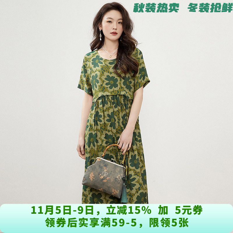 RJ0A0016民族风中长裙套头印花妈妈装裙子连衣裙女6.5夏