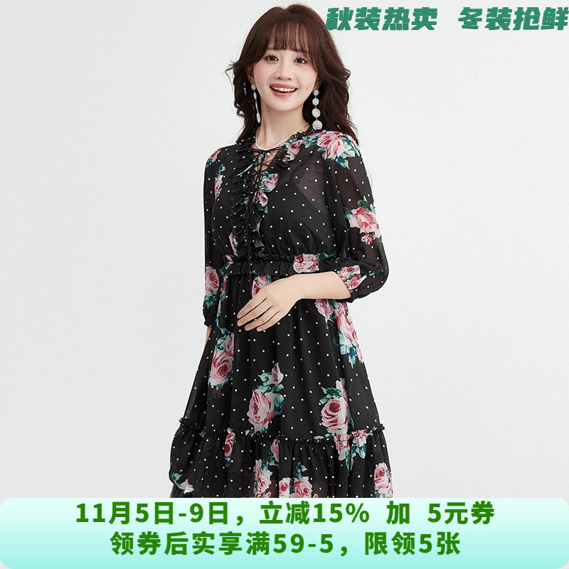 YM0A0044复古花卉短裙七分袖裙子连衣裙女5.16夏