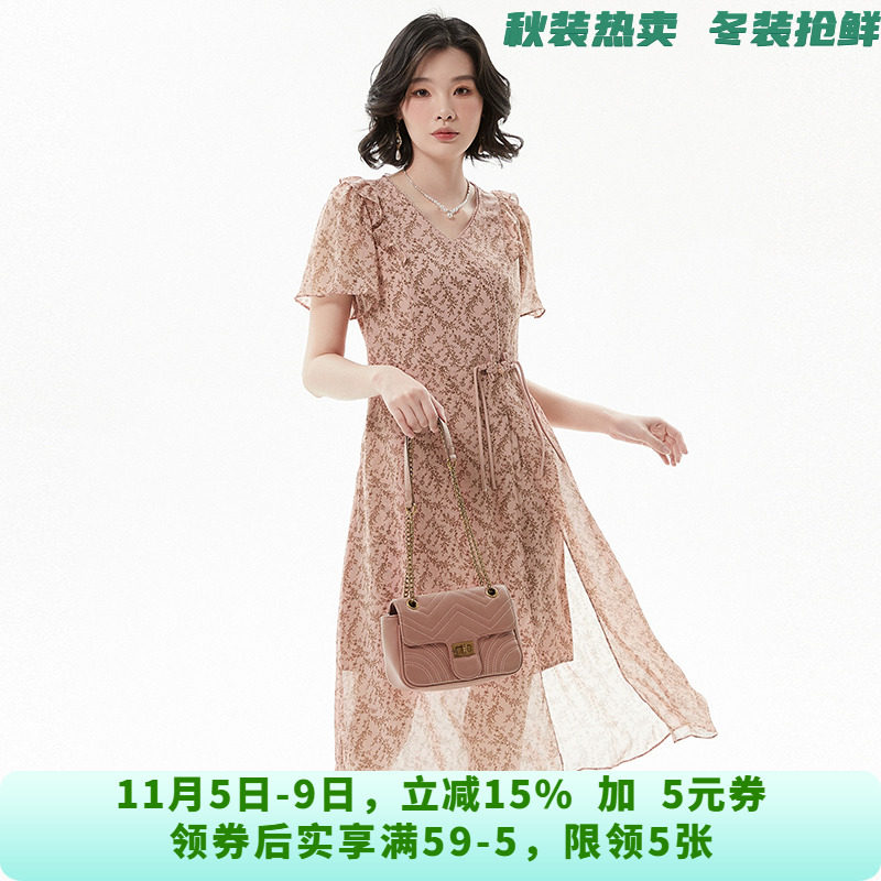 MW0A0005细碎花楹中长裙高腰短袖裙子连衣裙女6.5夏