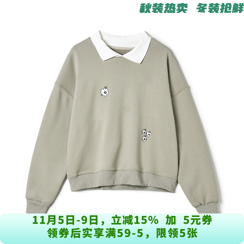 WY0L0007刺绣小花加绒上衣减龄款长袖卫衣女10.21冬