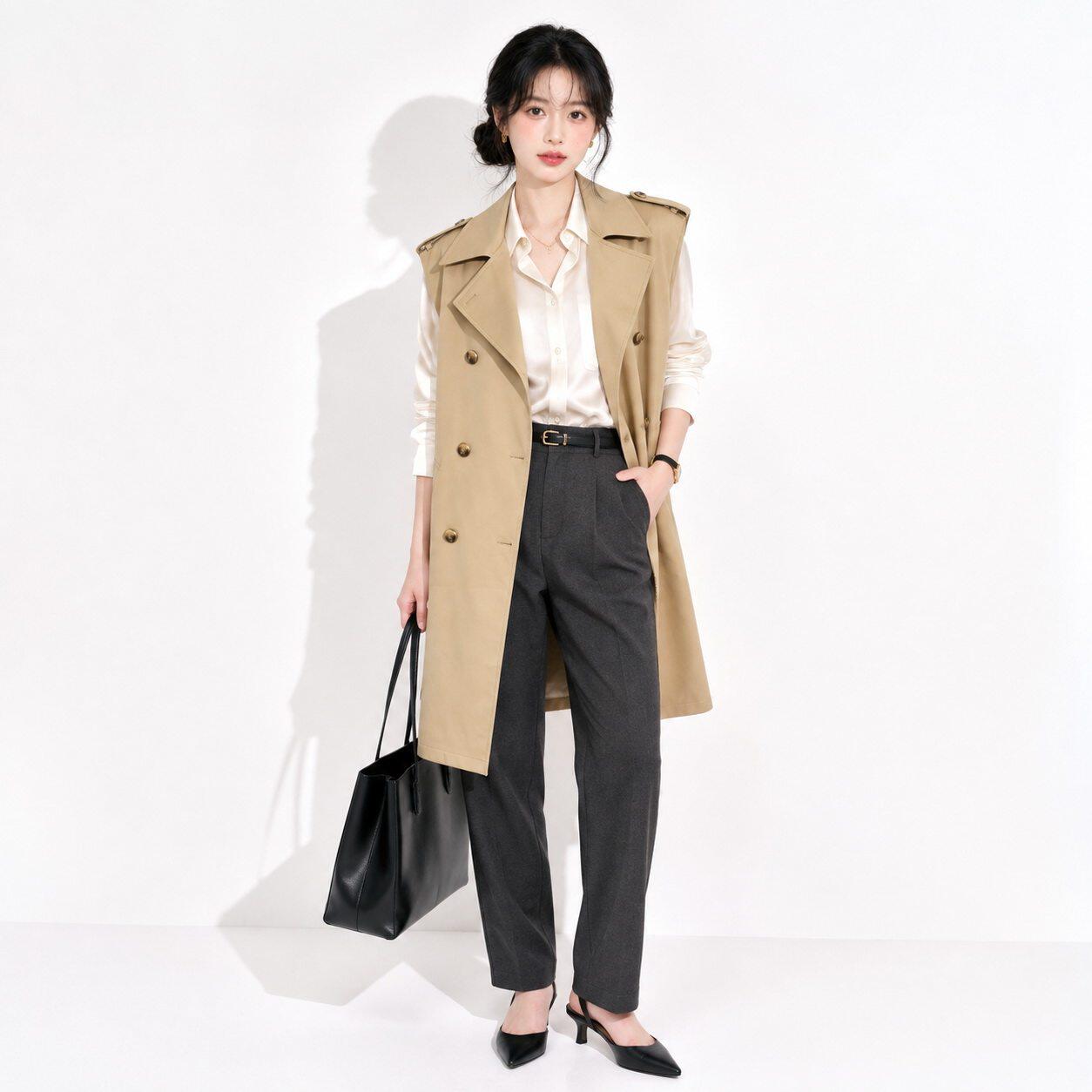 NR0J0010无袖百搭双排扣加长款风衣外套女8.22秋