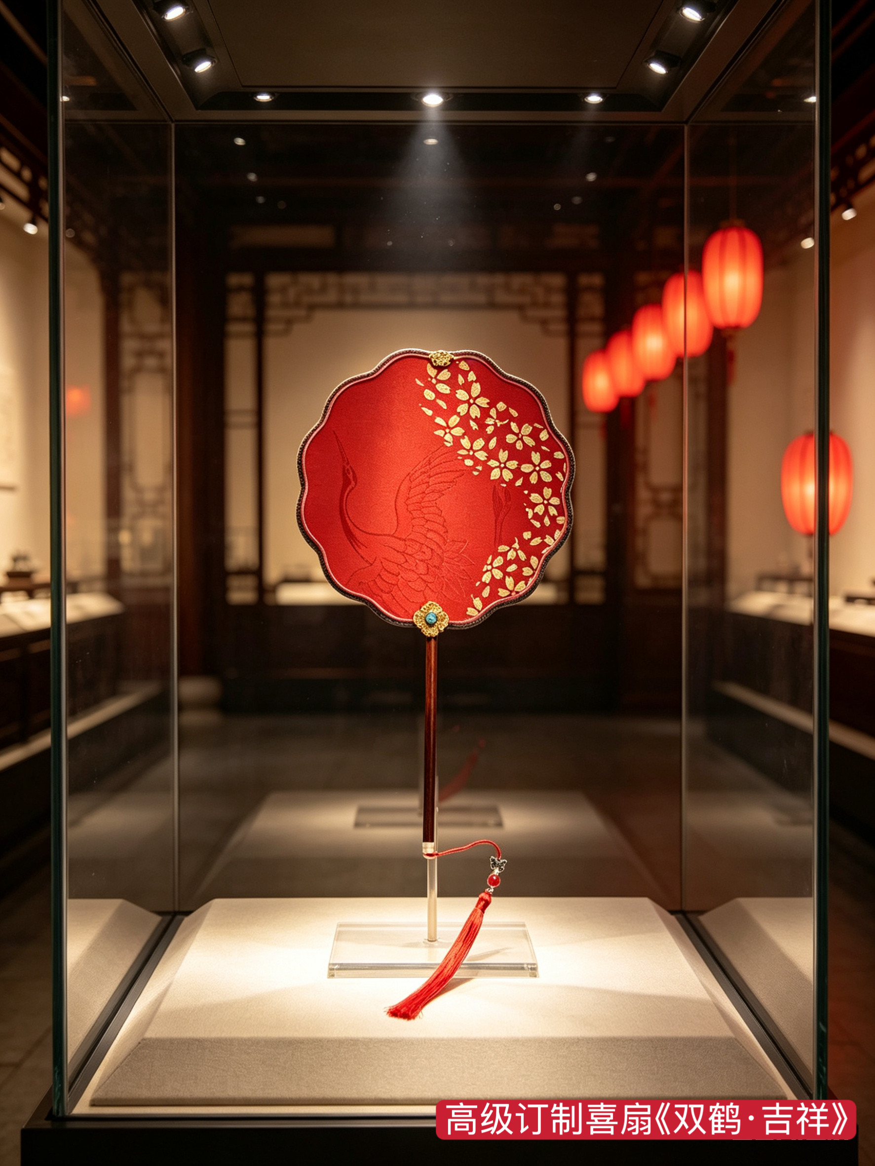 婚庆高端喜扇设计师款纯手工刺绣团扇高级红木手柄双鹤吉祥