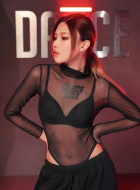 BOUNCING ACE原创字母印花网纱连体长袖T恤JAZZ街舞舞台透视上衣