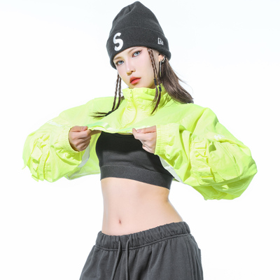 街头多口袋超短荧光绿短外套