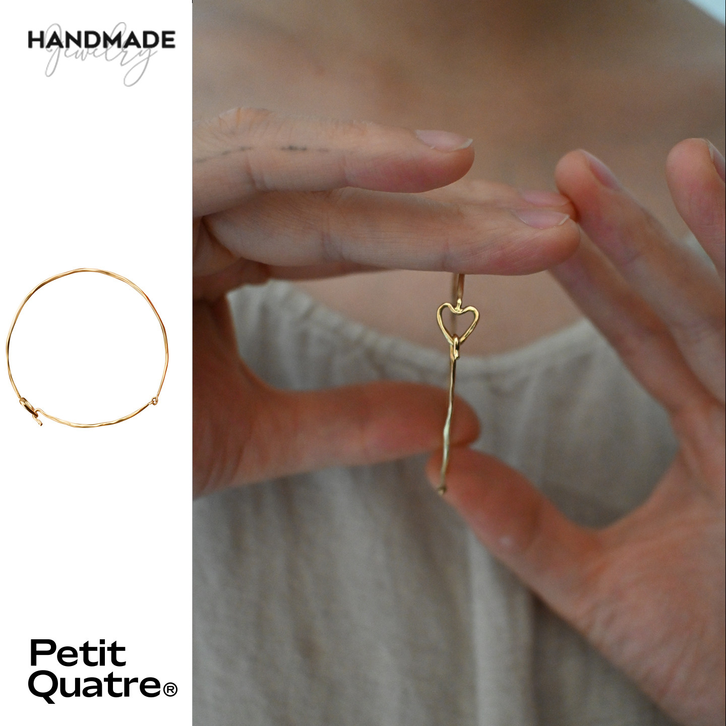 petitquatre纯手工制通体18K爱心扣细手镯轻奢小众原创设计