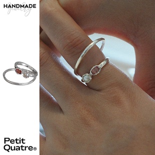 PetitQuatre原创设计不规则线条双环小众轻奢粉碧玺天然珍珠戒指