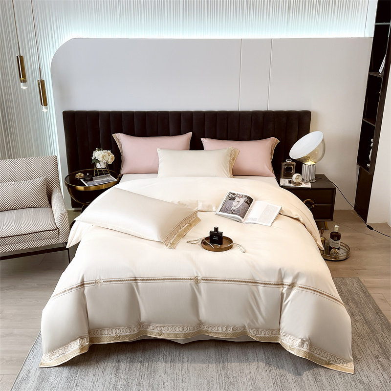 婚庆床品纯棉纯色全棉绣花四件套斜纹刺绣220*240被套床上用品