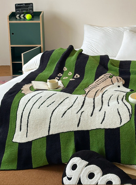 ins墨绿条纹小狗多功能针织半边毯毛毯午休毯盖毯加厚毯子卧室